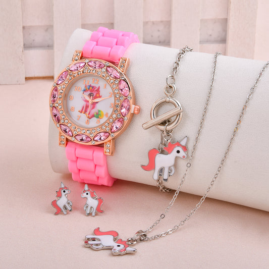 Unicorn Watch Necklace Earrings Set for Girls