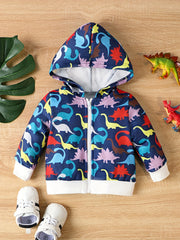 Boy Dinosaur Print Hooded Jacket, Sports Cardigan