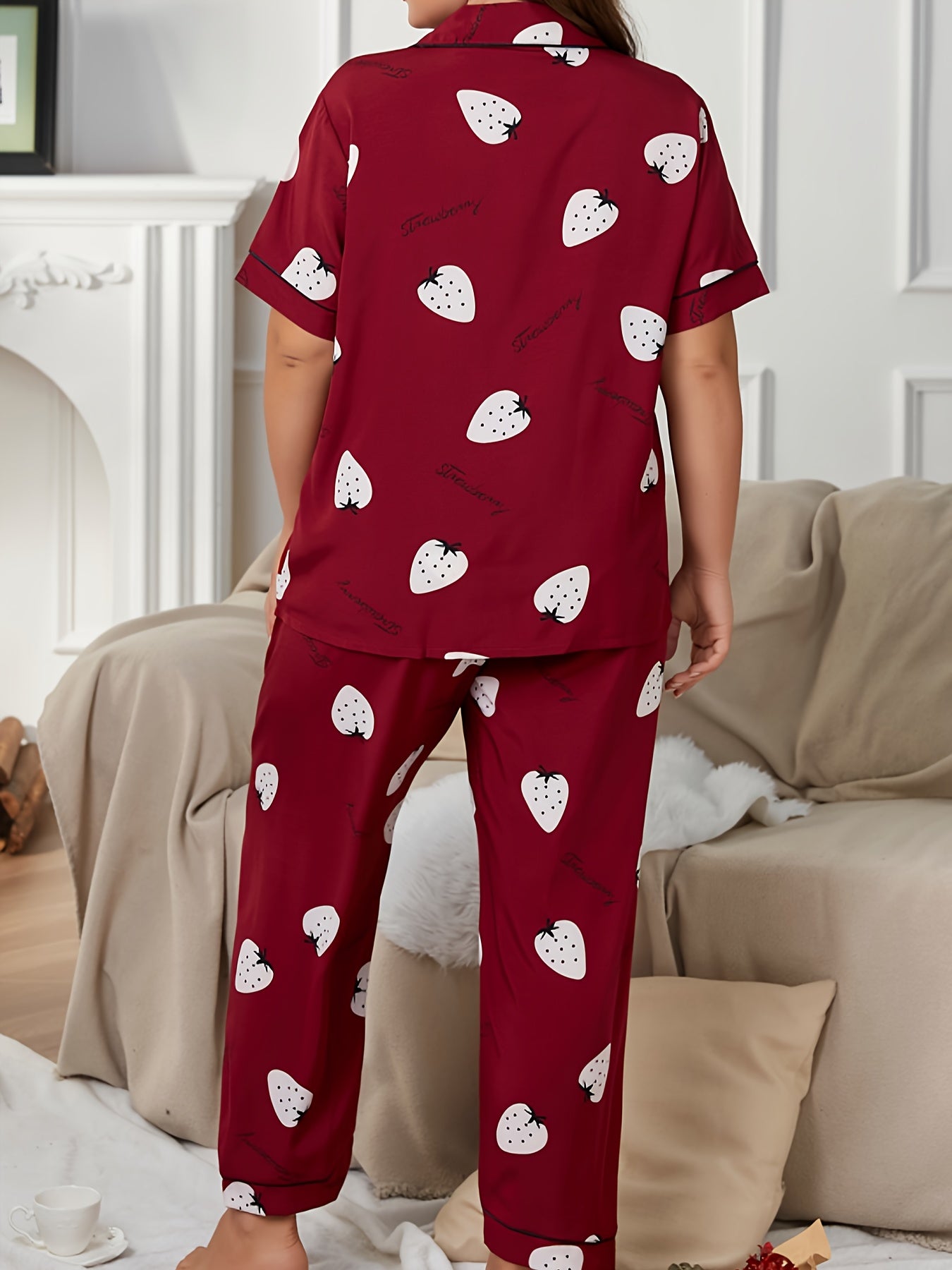 Strawberry Print Pajama Set Short Sleeve Button Up Shirt & Pants