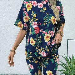 Floral Print Two piece Set Casual Short Sleeve Loose T shirt & Shorts