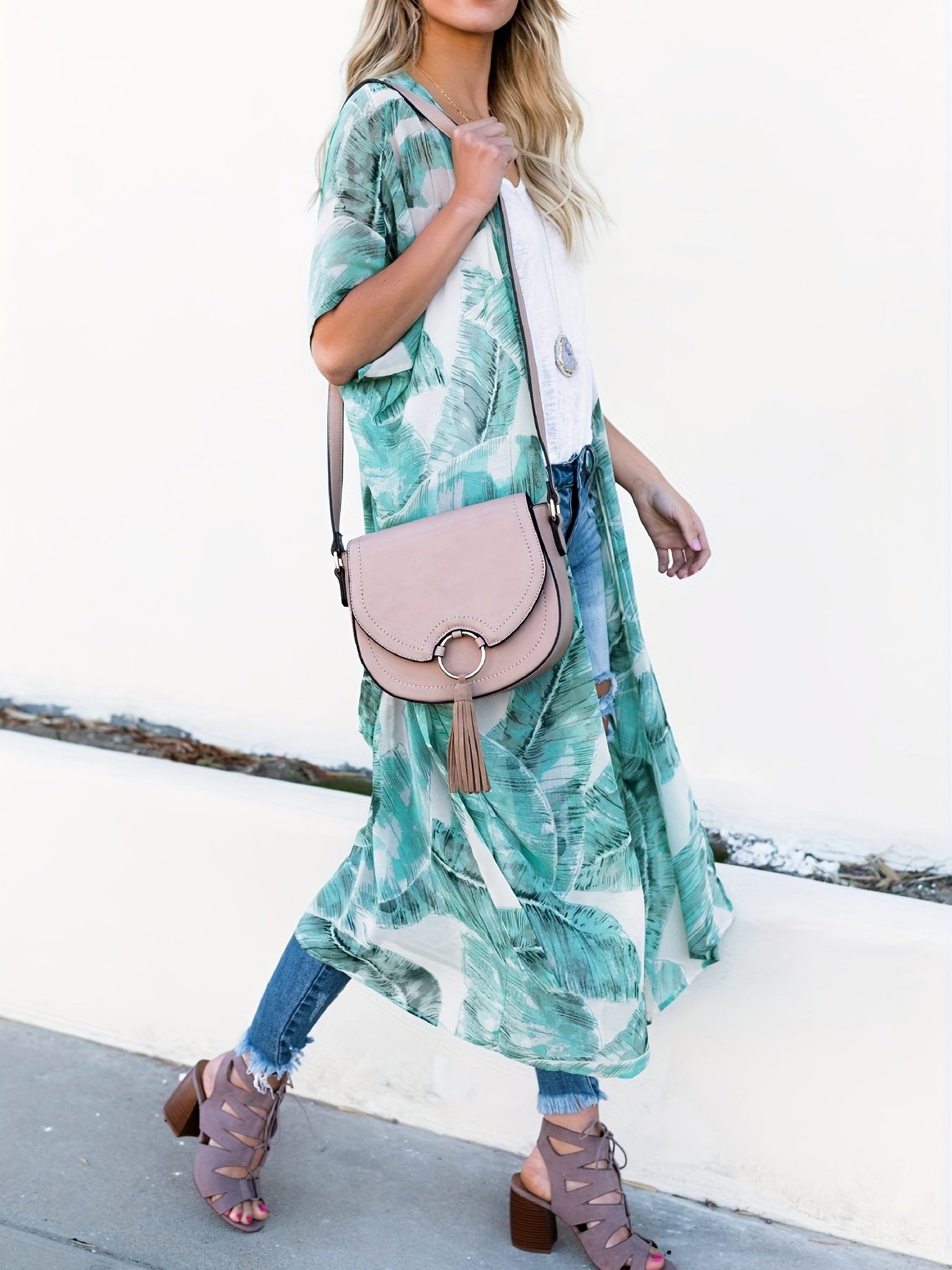 Leaf Print V Neck Cover Up Shirt Half Sleeves Loose Fit Kimono