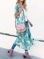 Leaf Print V Neck Cover Up Shirt Half Sleeves Loose Fit Kimono