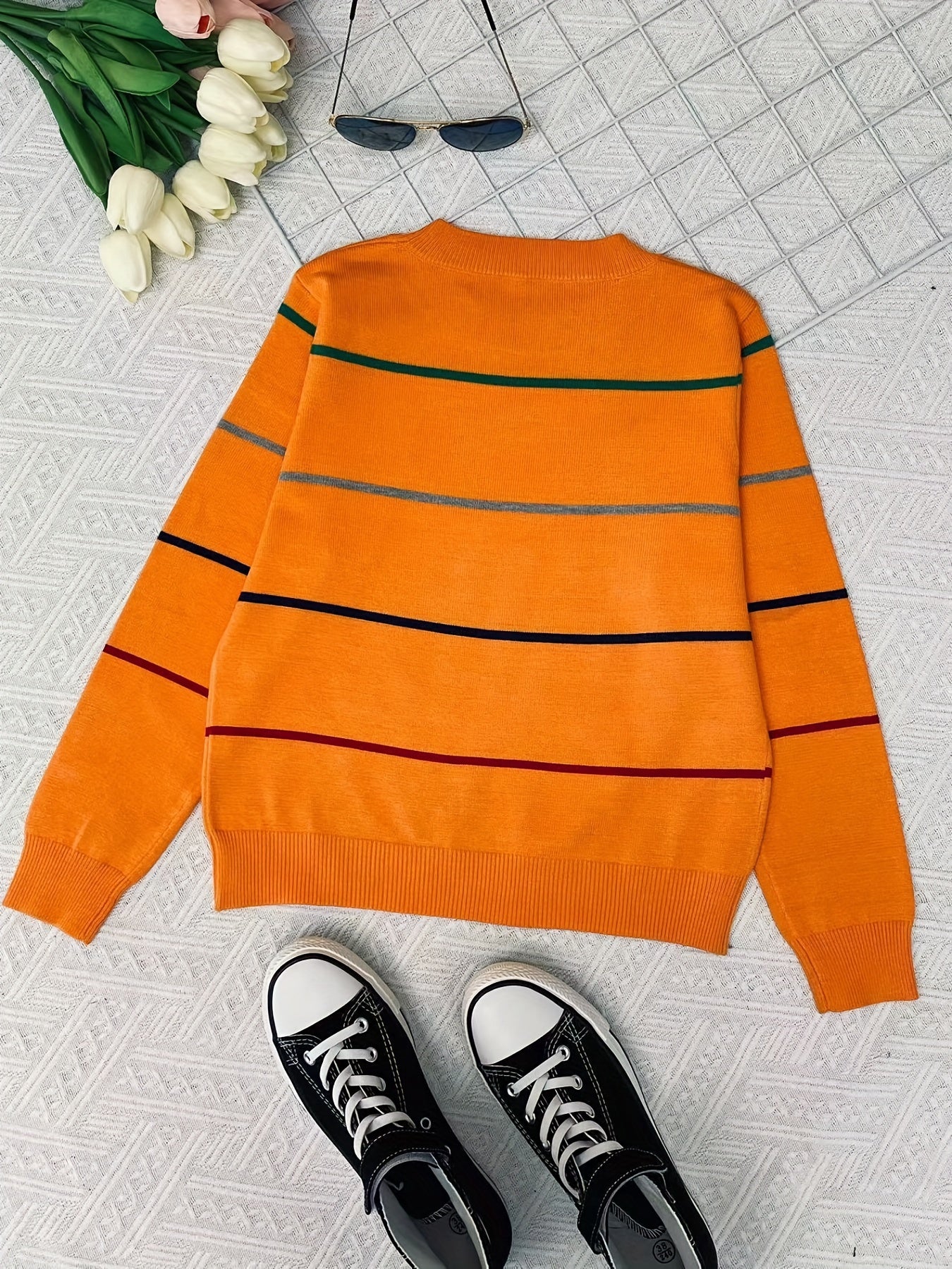 Boys Striped Block Sweater Round Neck Long Sleeve Pullover