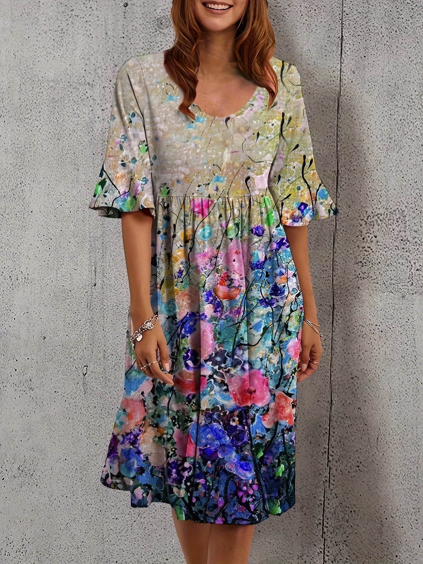 Floral Print Bell Sleeve Plus Size Dress