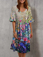 Floral Print Bell Sleeve Plus Size Dress