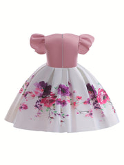 Boho Flowers Formal Dress With Bow And Puff Sleeve For Little Girls