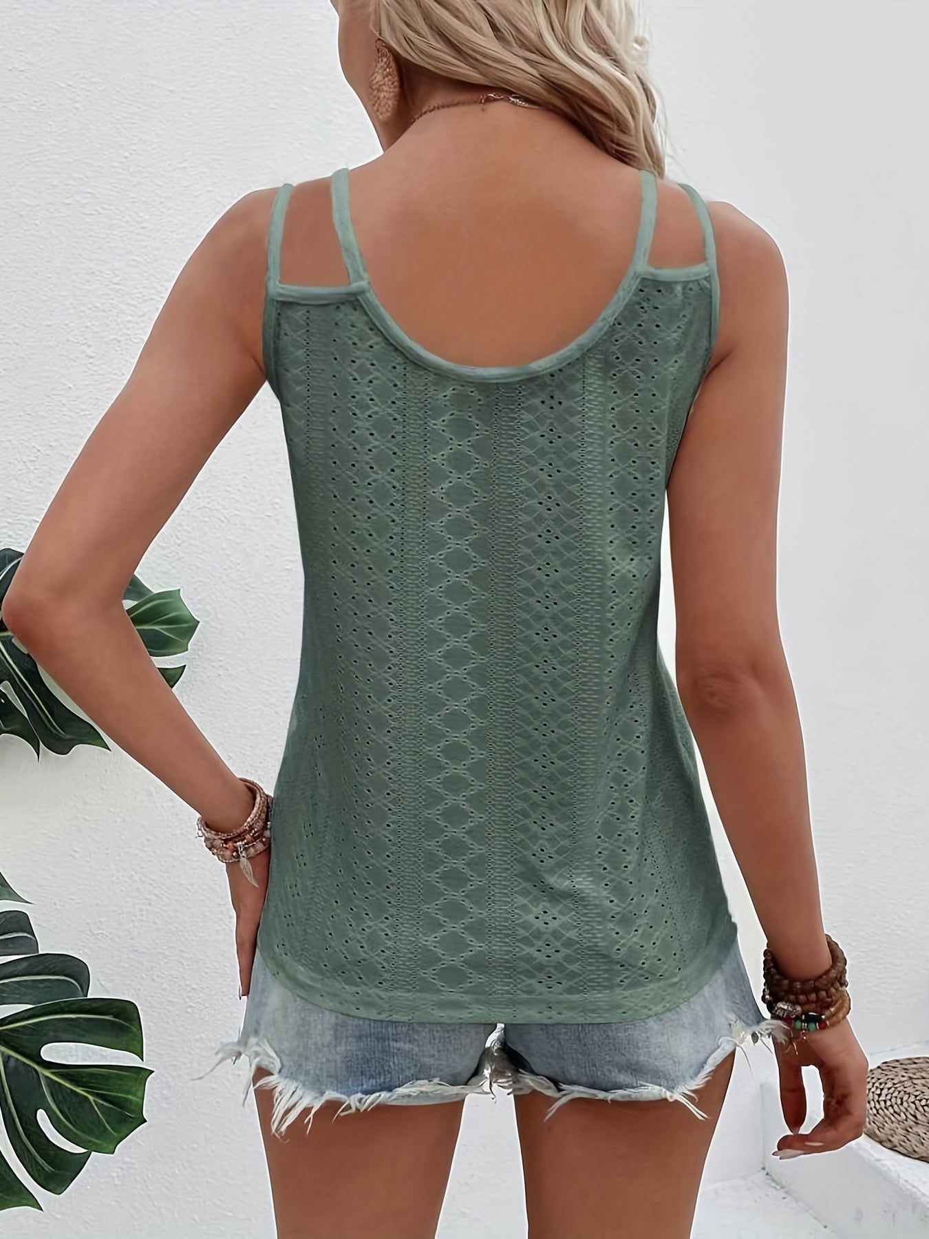 Eyelet Embroidered Cutout Straps Top Crew Neck Summer Top