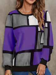 Geo Print Block Crew Neck Pullover Sweatshirt for Women