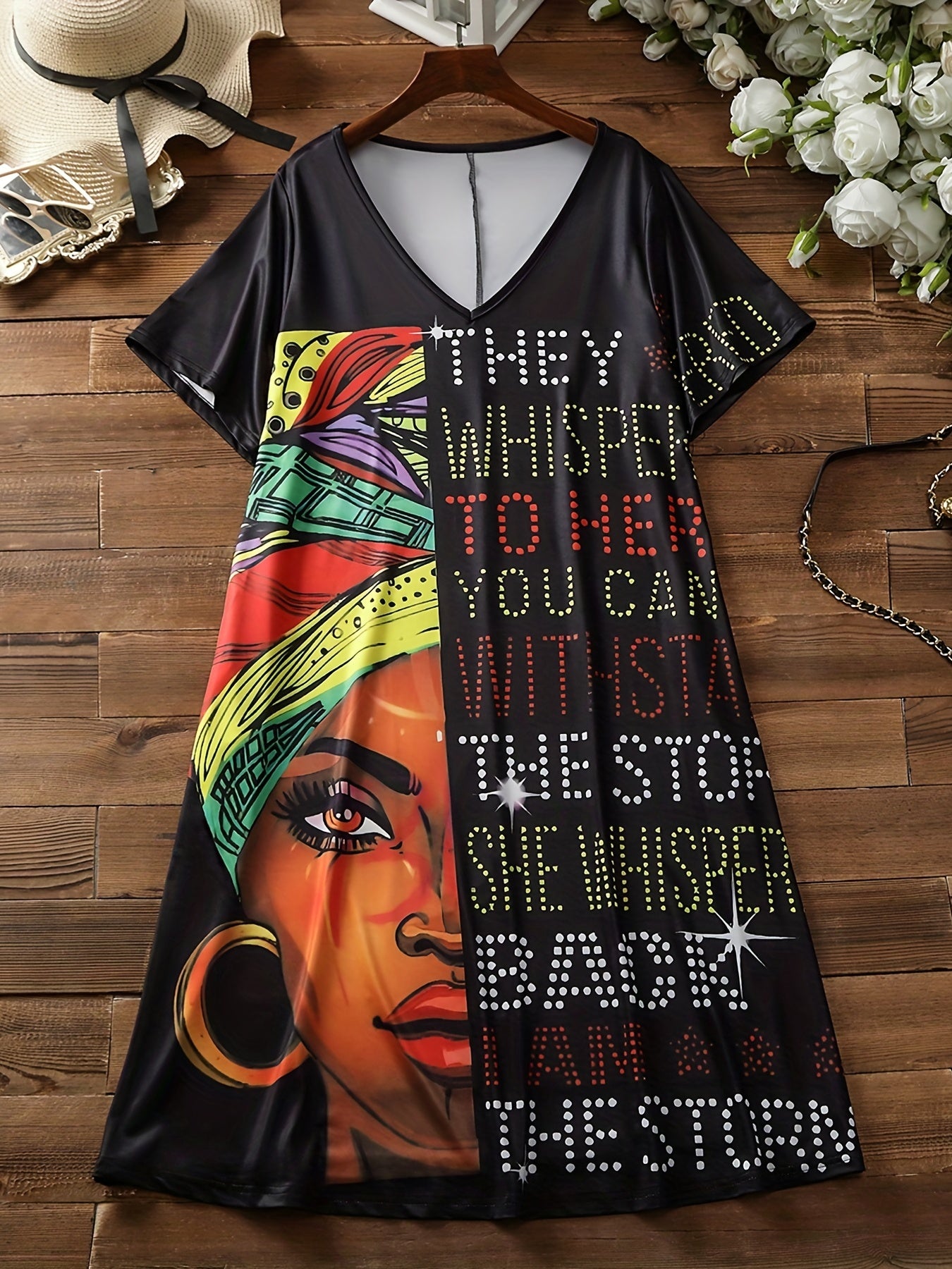 Colorblock Slogan Print V Neck Dress With Pockets