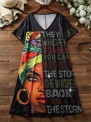 Colorblock Slogan Print V Neck Dress With Pockets