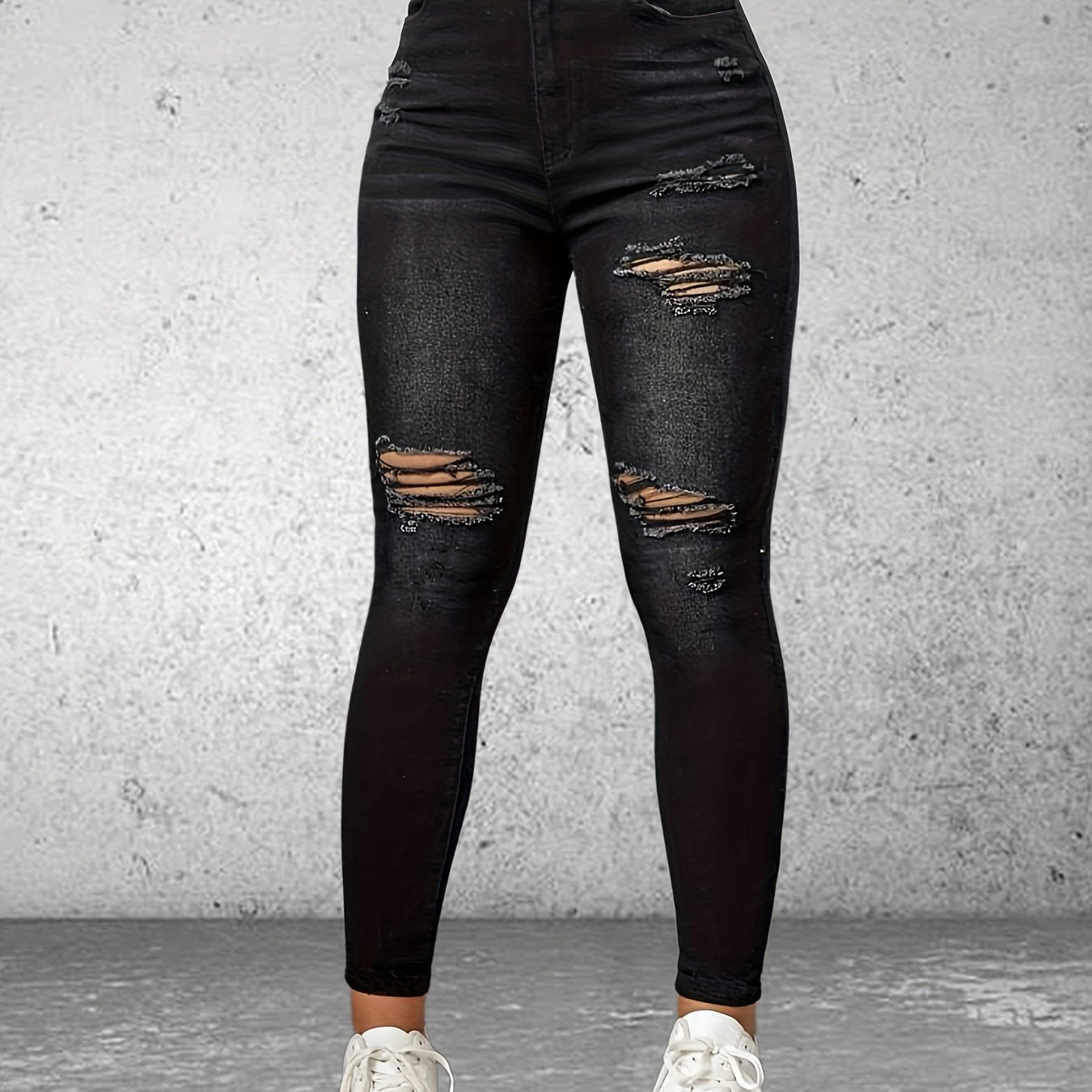 High Rise Ripped Skinny Jeans Water Ripple Embossed Denim Pants