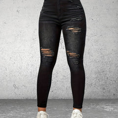 High Rise Ripped Skinny Jeans Water Ripple Embossed Denim Pants