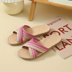 Women's Cross Strap Flat Slides Linen Shoes Comfy Indoor Slides