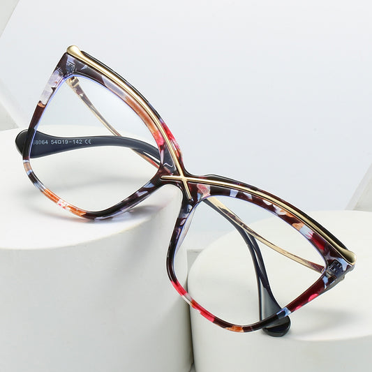 Oversized Cat Eye Floral Print Frame Retro Clear Lens Glasses