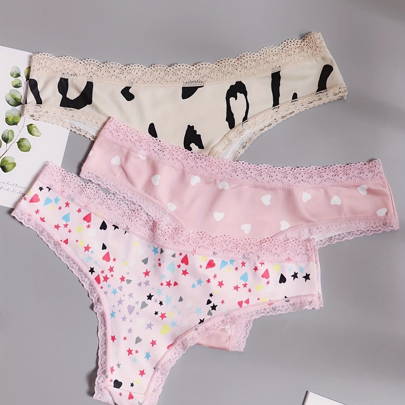 3 Pack Plus Size Lace Print Hipster Underwear Set