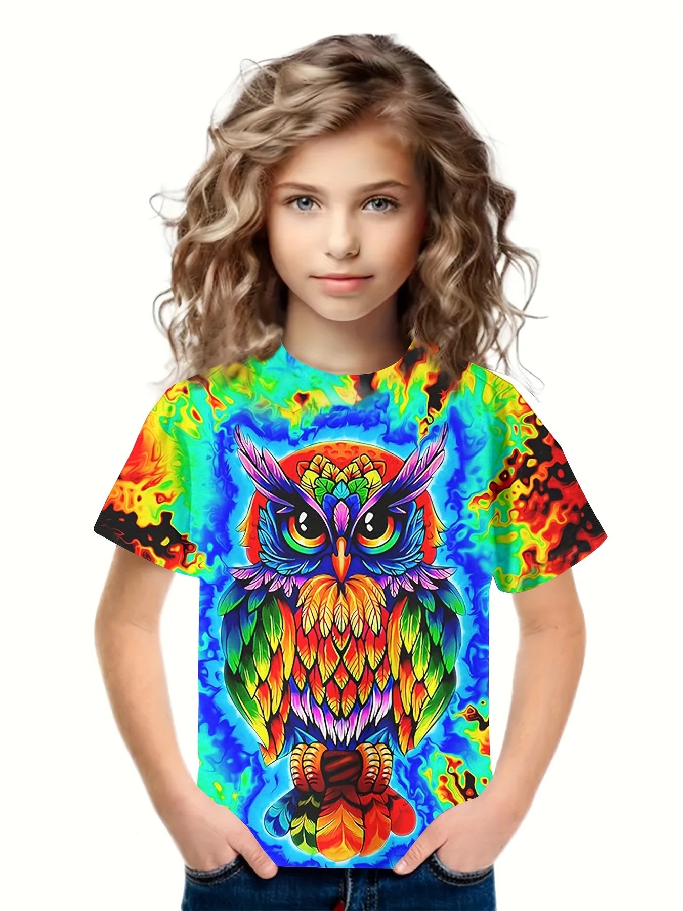 3D Owl Graphic Short Sleeve T shirt Girls Casual Summer Tops