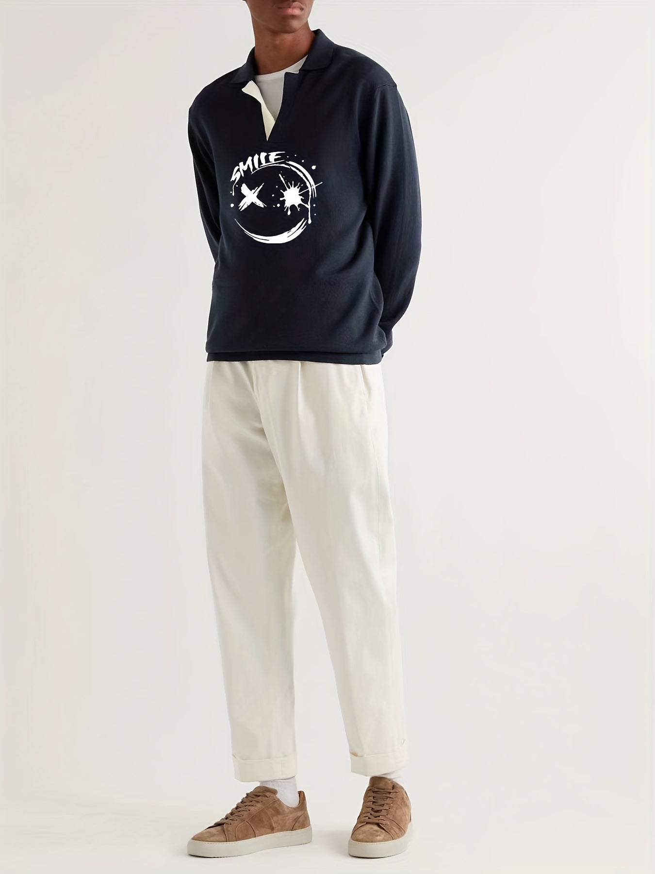 Smile Face Pattern Knit Polo Shirt Men's Casual Lapel Pullover Sweater