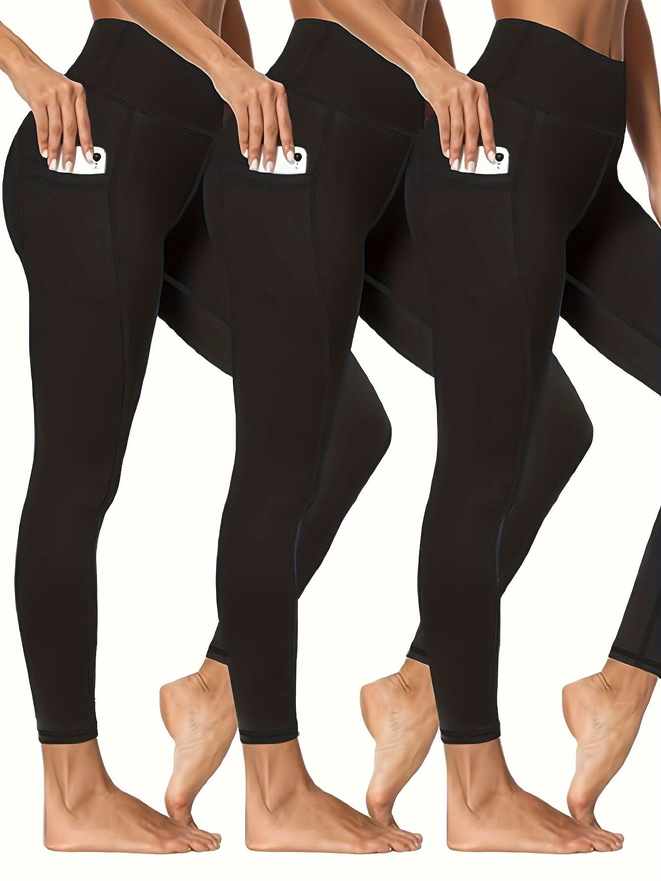 3 Pack Plus Size Sports Leggings Women's Plus Solid Pipping High Stretch Yoga
