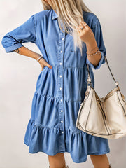 Ruched Peplum Denim Dress Single Breasted Button