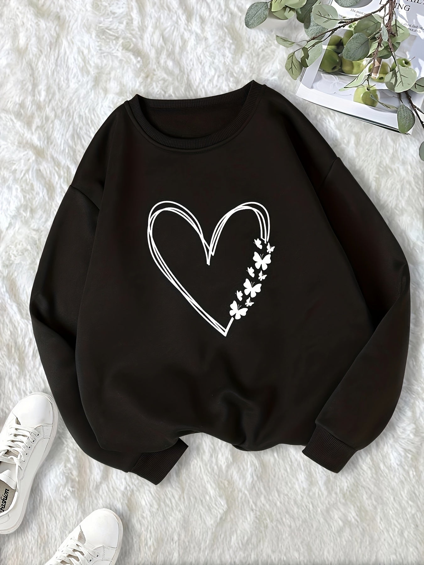 Heart & Butterfly Print Sweatshirt Cozy Crew Neck Top