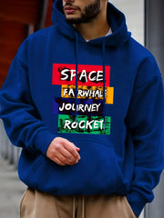 Space Rocket Letter Print Hoodie Men's Casual Graphic Pullover Hooded Sweatshirt