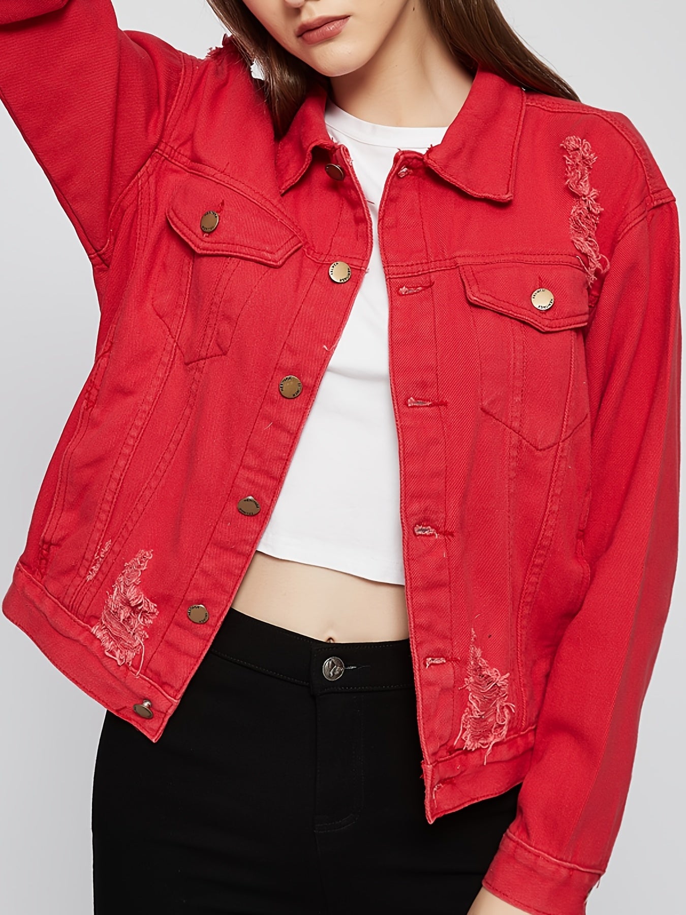 Red Distressed Deco Fit Jacket Red Coat Women's Denim Coat