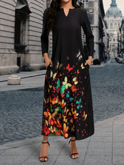 Butterfly Print Maxi Dress Casual Long Sleeve Dress Women's Clothing