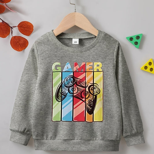 Vintage Gamepad Print Boys Casual Pullover Sweatshirt