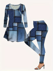 Women's Plus Faux Denim Print Long Sleeve Top & Leggings Set