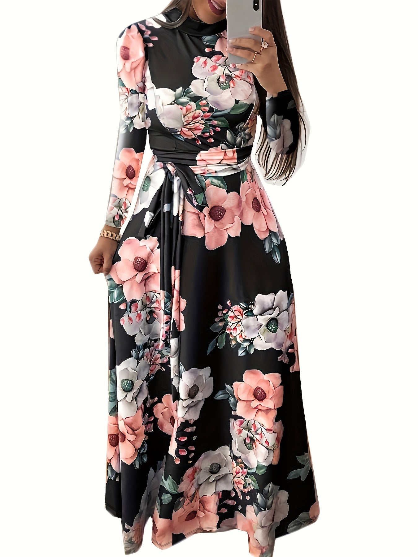Retro Floral Print Dress Long Sleeve Casual