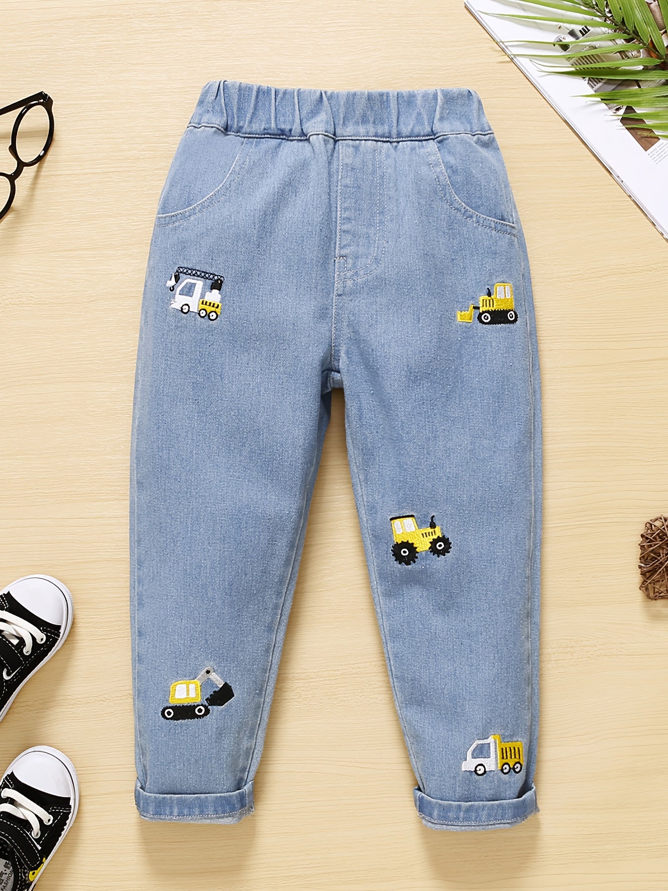 Boys Cartoon Excavator Embroidered Denim Long Pants
