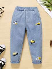 Boys Cartoon Excavator Embroidered Denim Long Pants