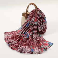 Dot Flower Print Red Scarf Classic Boho Striped Shawl