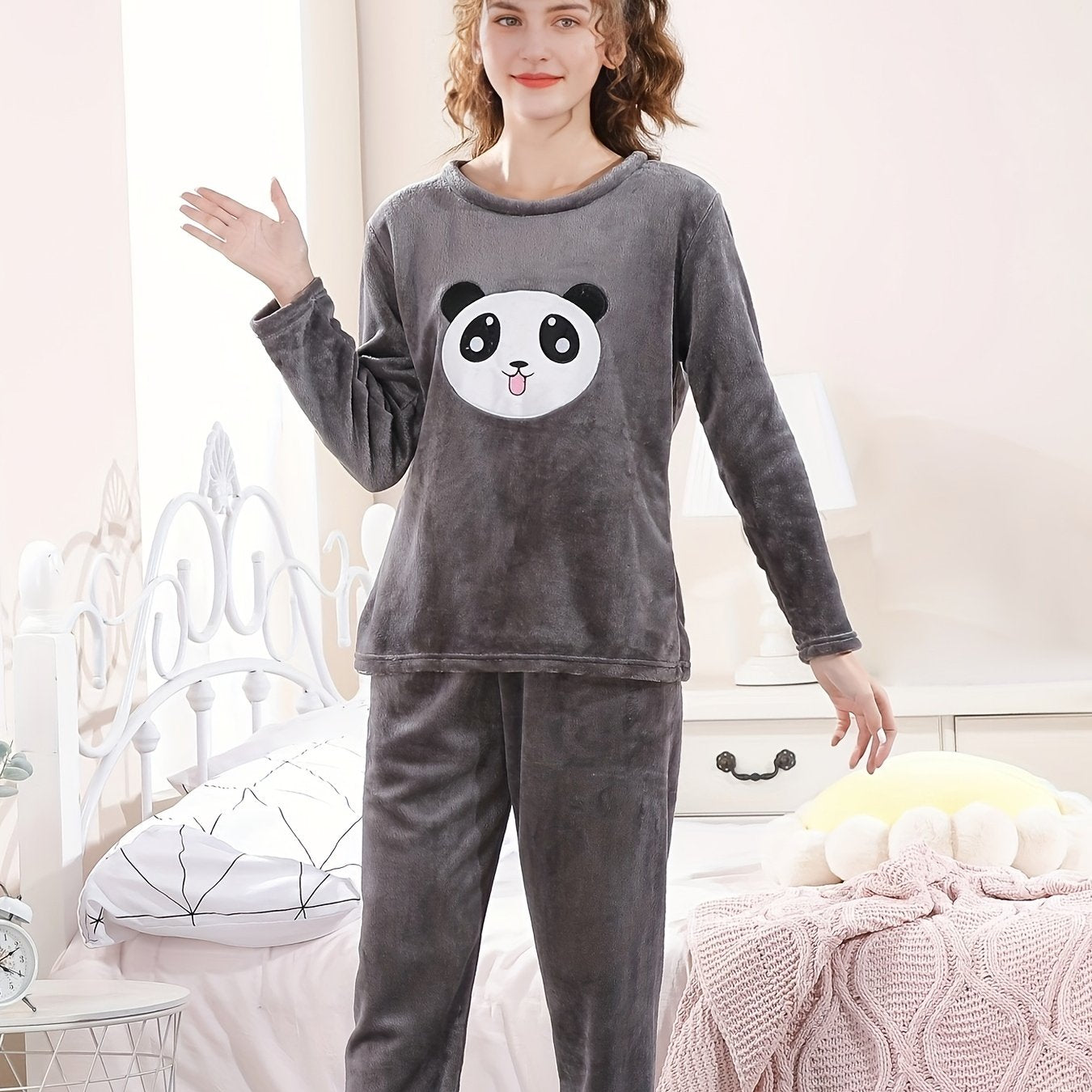 Girls Flannel Pajama Set Panda Print Soft Warm Long Sleeve Casual Loungewear
