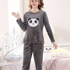 Girls Flannel Pajama Set Panda Print Soft Warm Long Sleeve Casual Loungewear