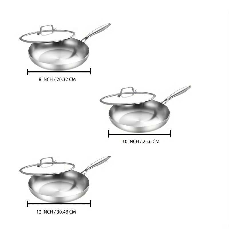 3 Layer Stainless Steel Frying Pan with Lid - Induction Gas Stove Steaks