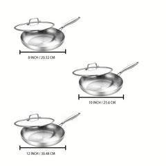 3 Layer Stainless Steel Frying Pan with Lid - Induction Gas Stove Steaks
