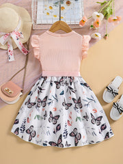 Girls Butterfly Print Skirt Dress Ribbed Ruffle Top Summer Casual Clothes