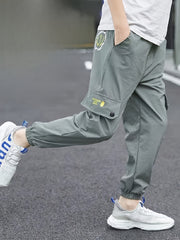 Boys Letter Print Cargo Pants Elastic Waist Quick Dry Jogger Pants