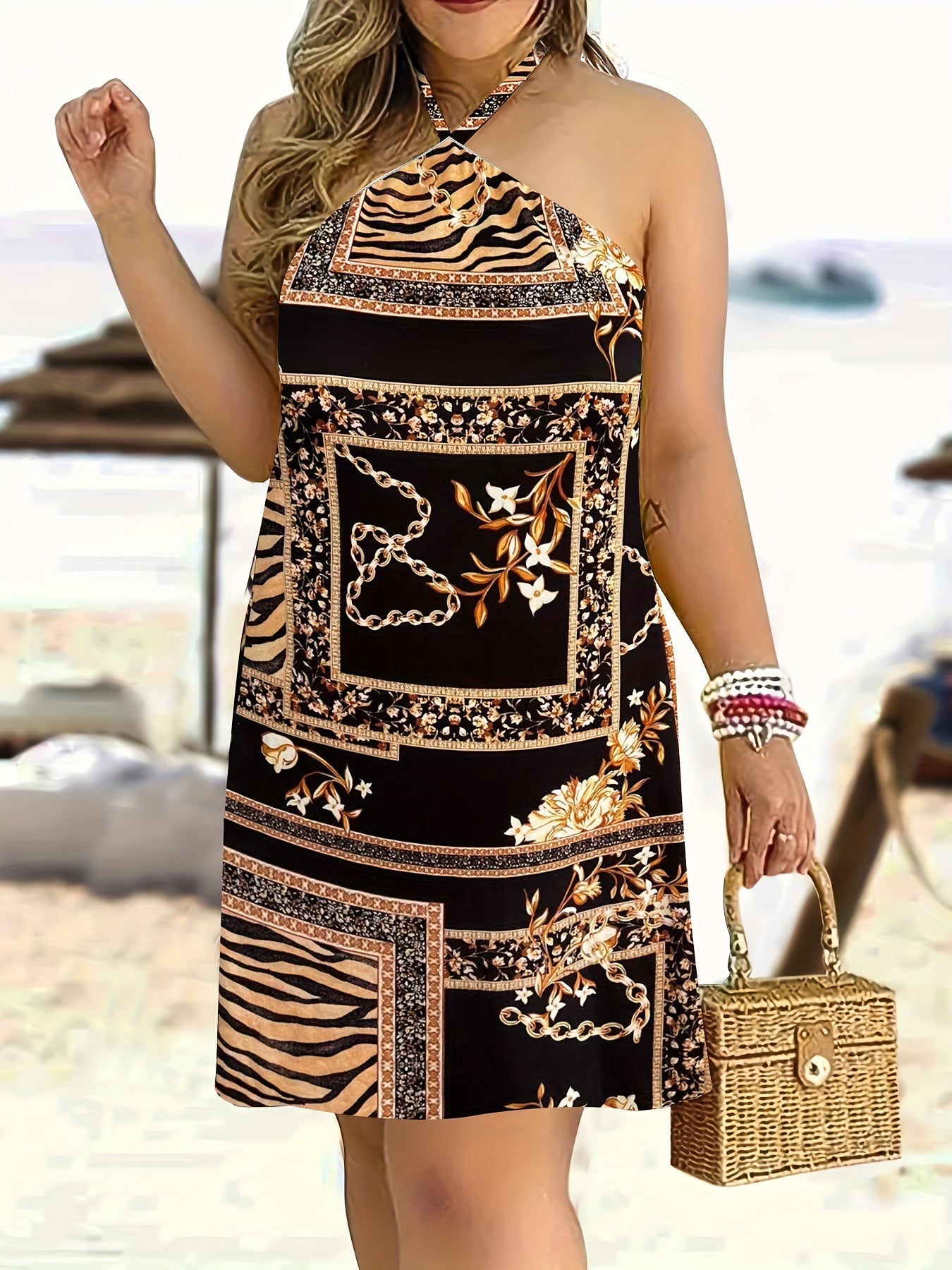 Boho Lounge Dress Women's Floral & Chain Print Halter Neck Tie Back