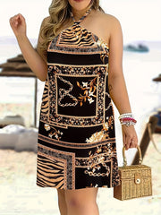Boho Lounge Dress Women's Floral & Chain Print Halter Neck Tie Back