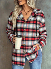Plaid Print Long Sleeve Button Up Hoodie Drawstring Shirt Top