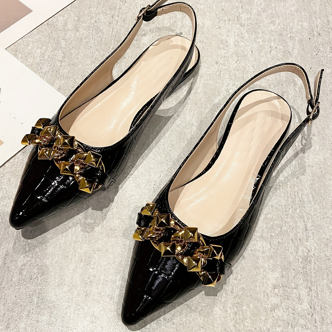 Chain Decor Flat Shoes Point Toe Buckle Strap Dress Shoes