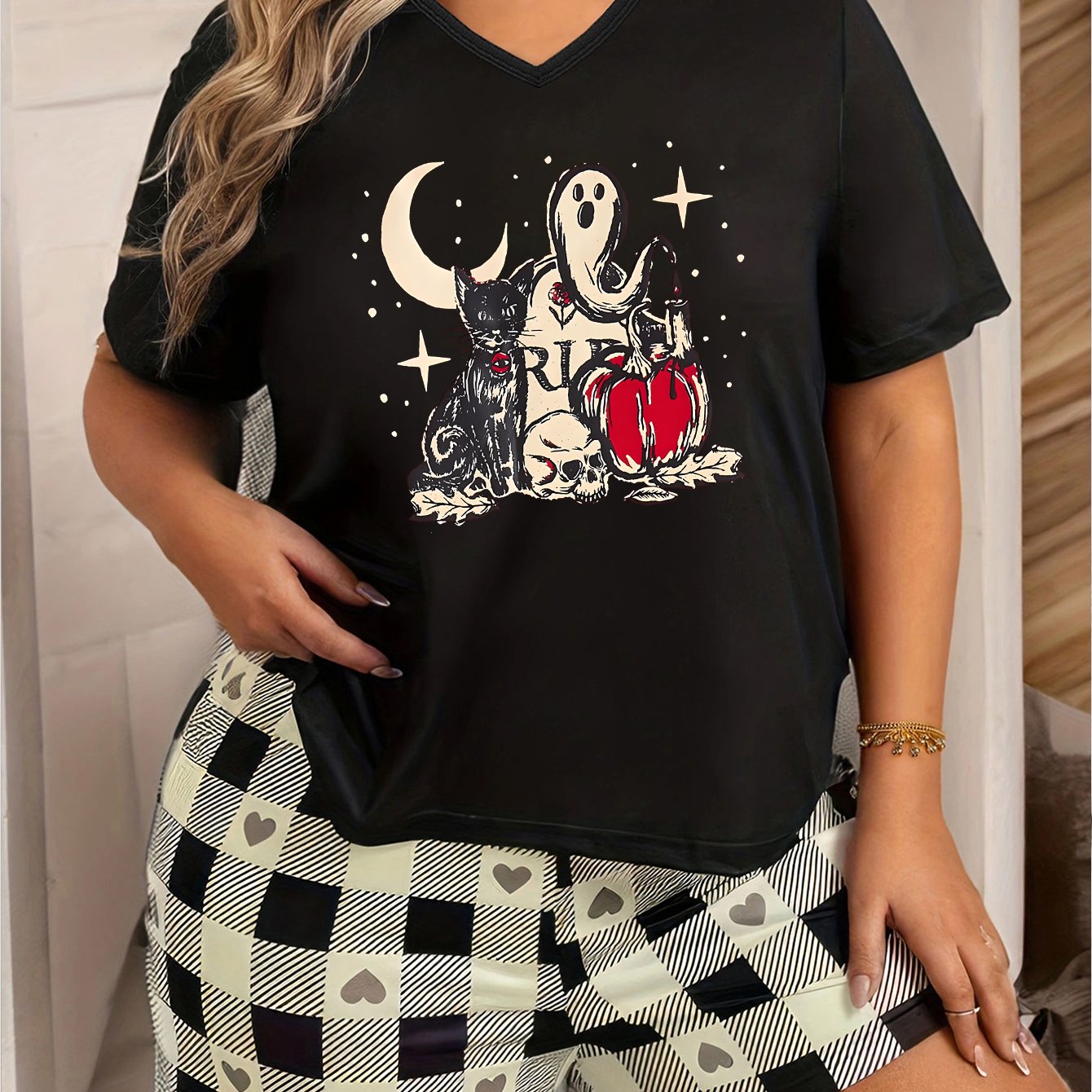 Halloween Lounge Top Women's Plus Cat & Ghost & Skull Print