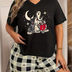 Halloween Lounge Top Women's Plus Cat & Ghost & Skull Print
