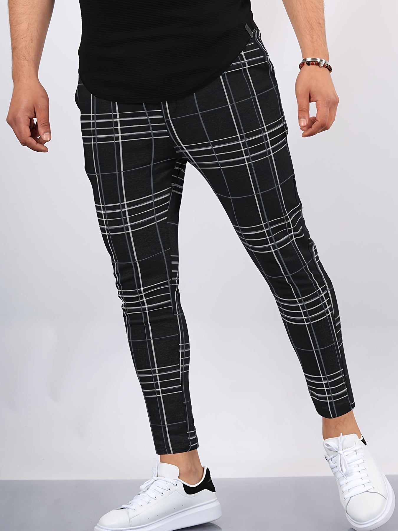 Men's Plaid Print Slim Fit Pants for Autumn/Spring
