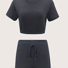 Waffle Casual Two piece Set Short Sleeve Crop Top & Drawstring Shorts