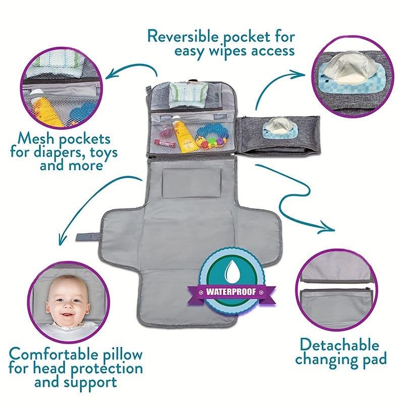 Portable Diaper Changing Pad w/ Head Cushion & Wipes Pocket
