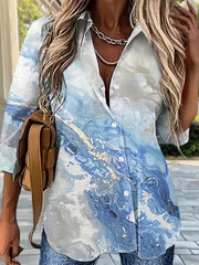 Marble Print Button Up Long Sleeve Blouse