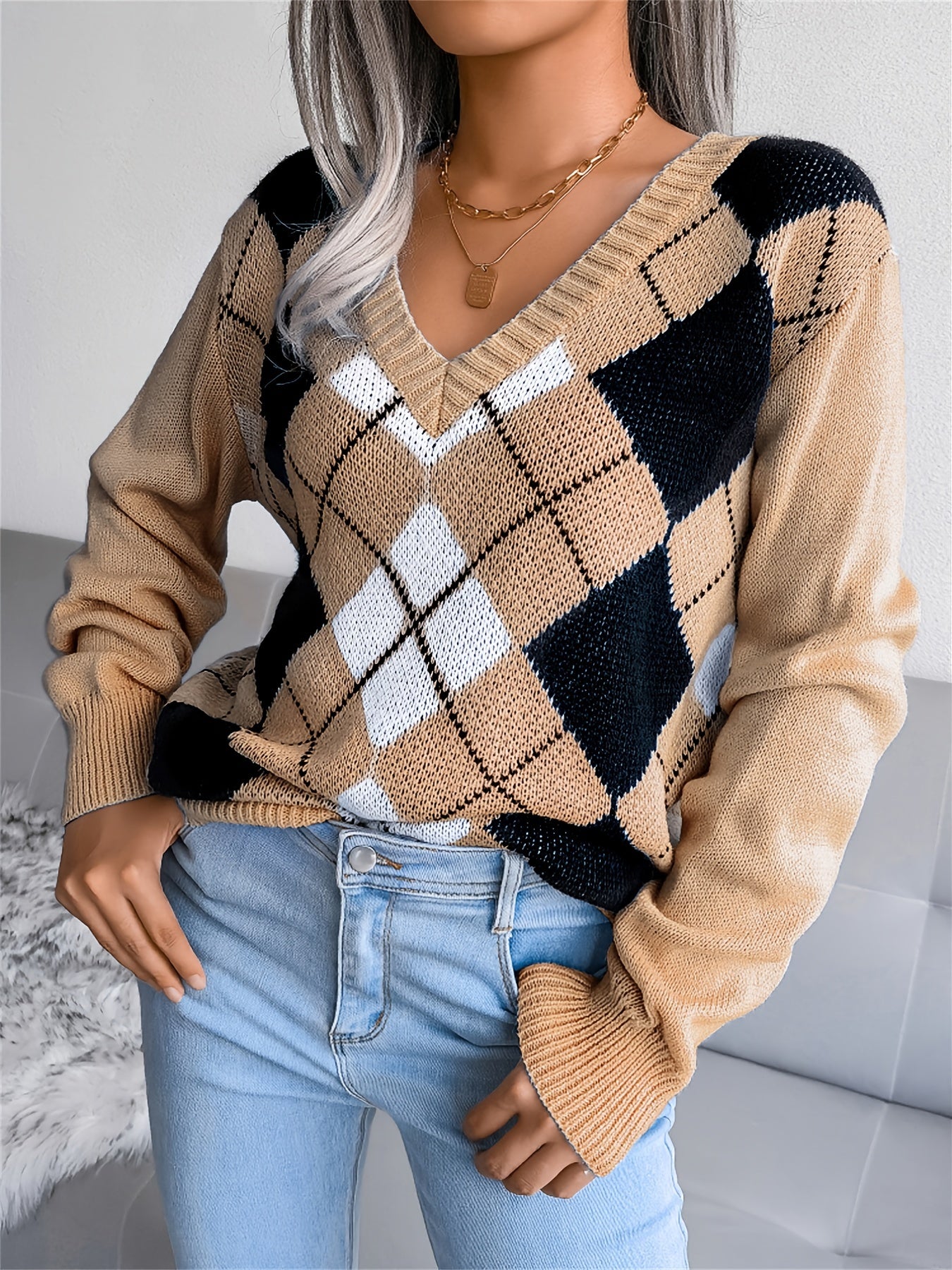 Argyle Print V Neck Long Sleeve Sweater Women's Clothing
